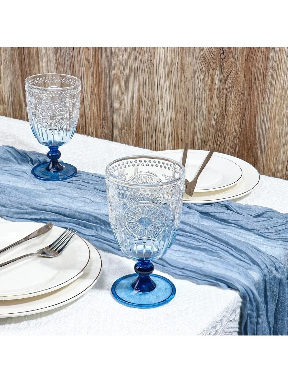 12-Piece 13.5 oz Blue Plastic Wine Glasses Embossed Reusable Goblets